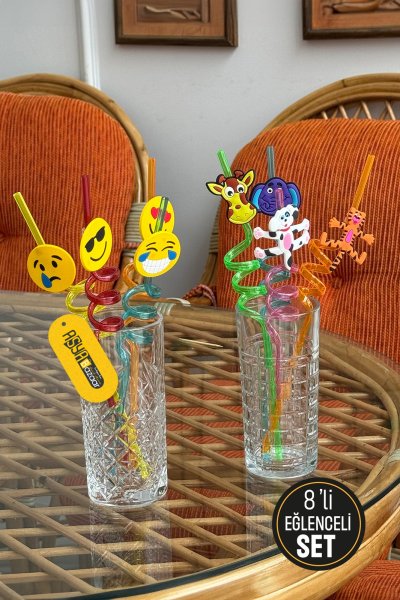 8 Li Eğlenceli Pipet Emoji Pipet